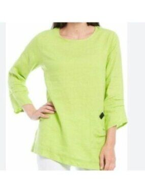 Ali Miles Womens top linen tunic Lime Green Pocket Detail Size Large 100% Linen